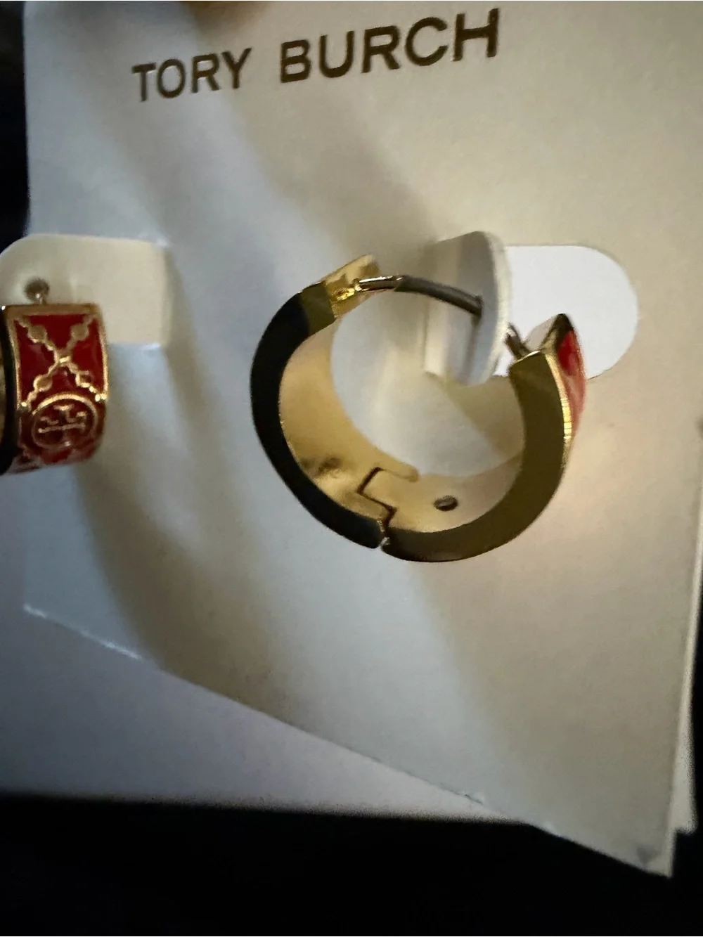 Tory Burch Gold Hoop Earrings with Red Enamel Trim